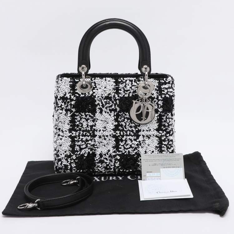 Pre Owned Dior Black/White Sequins and Leather Medium Lady Dior Tote