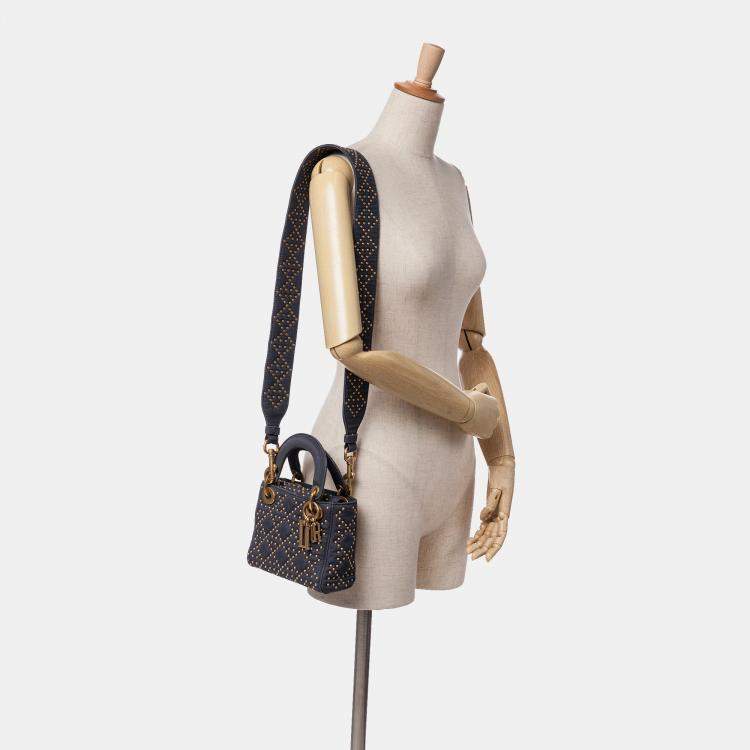 Pre Owned Dior Navy Blue Mini Denim Cannage Studded Supple Lady Dior