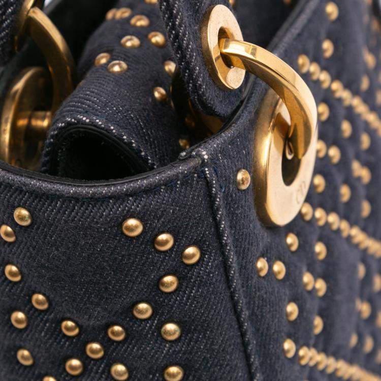 Pre Owned Dior Navy Blue Mini Denim Cannage Studded Supple Lady Dior