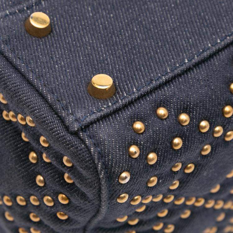 Pre Owned Dior Navy Blue Mini Denim Cannage Studded Supple Lady Dior