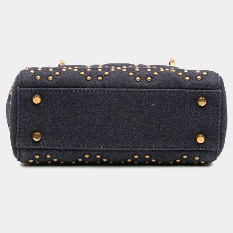 Pre Owned Dior Navy Blue Mini Denim Cannage Studded Supple Lady Dior