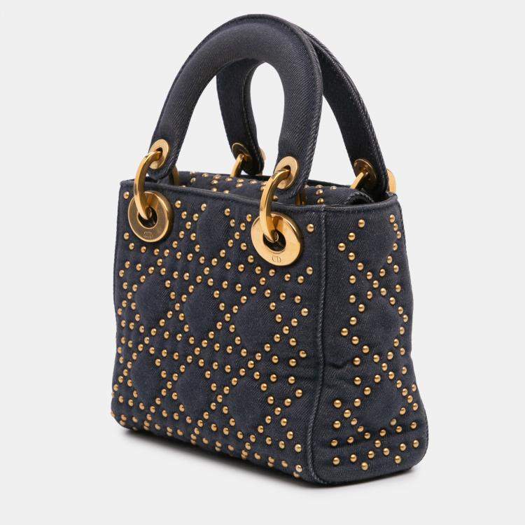 Pre Owned Dior Navy Blue Mini Denim Cannage Studded Supple Lady Dior