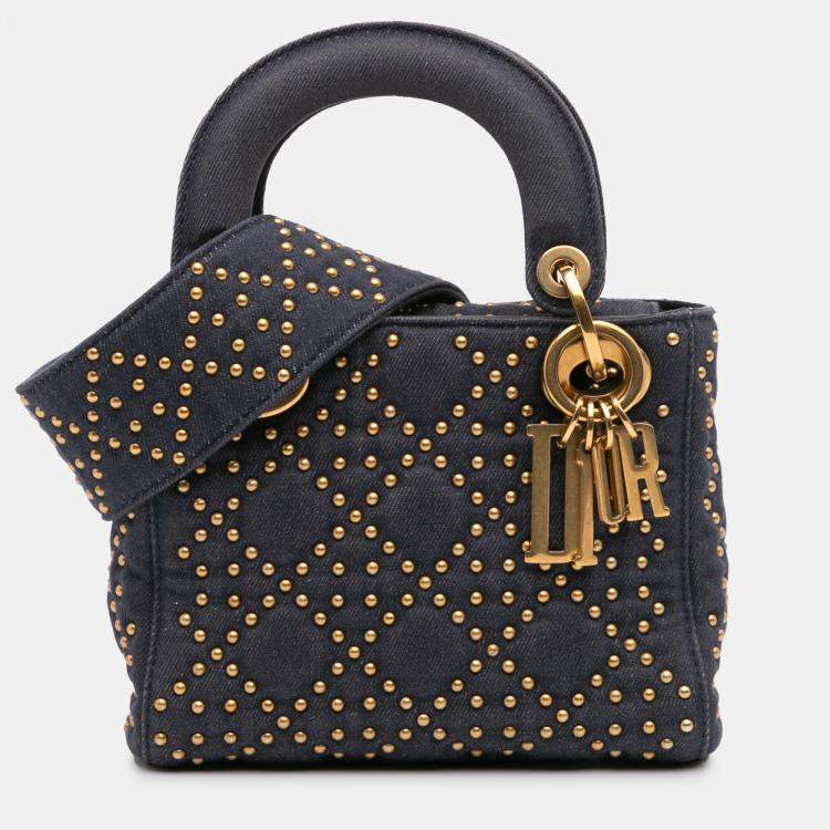 Pre Owned Dior Navy Blue Mini Denim Cannage Studded Supple Lady Dior