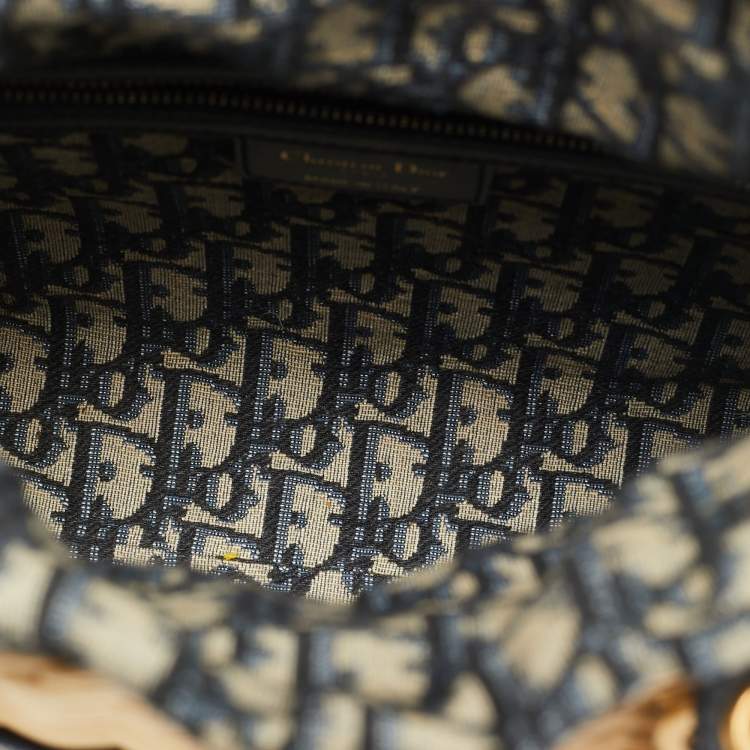 Pre Owned Dior Navy Blue/Natural Rattan and Canvas Medium Lady Dior Tote