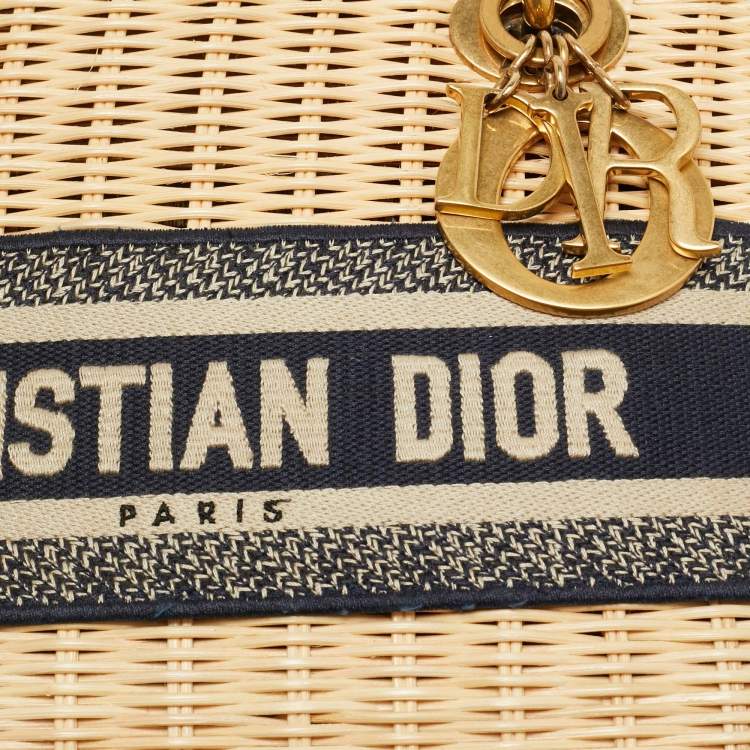Pre Owned Dior Navy Blue/Natural Rattan and Canvas Medium Lady Dior Tote
