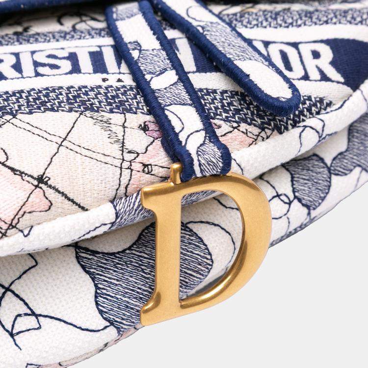 Pre Owned Dior Blue Canvas Embroidered Around the World Saddle Bag