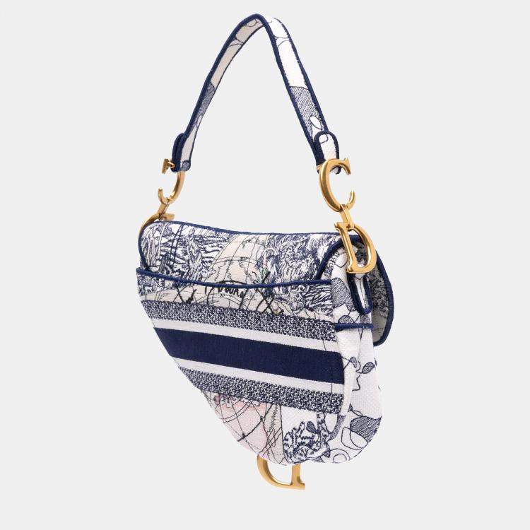 Pre Owned Dior Blue Canvas Embroidered Around the World Saddle Bag