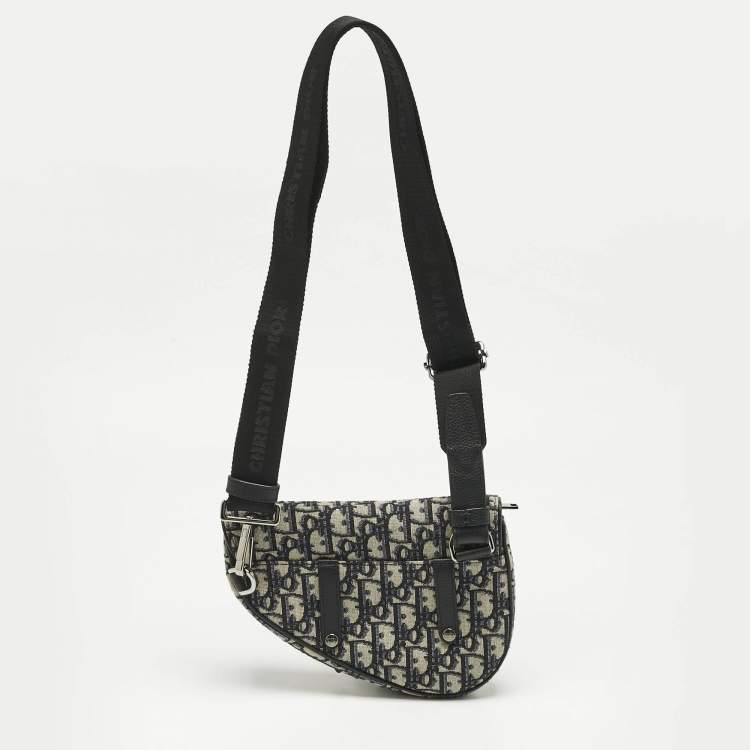 Pre Owned Dior Black/Blue Oblique Canvas and Leather Saddle Convertible Belt Bag