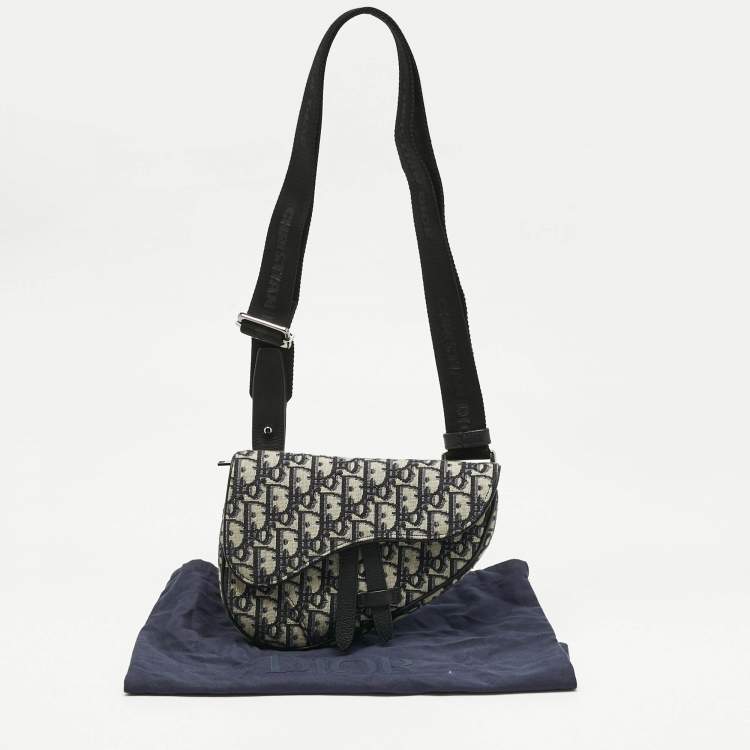 Pre Owned Dior Black/Blue Oblique Canvas and Leather Saddle Convertible Belt Bag