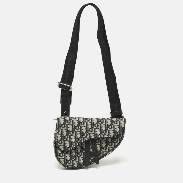 Pre Owned Dior Black/Blue Oblique Canvas and Leather Saddle Convertible Belt Bag