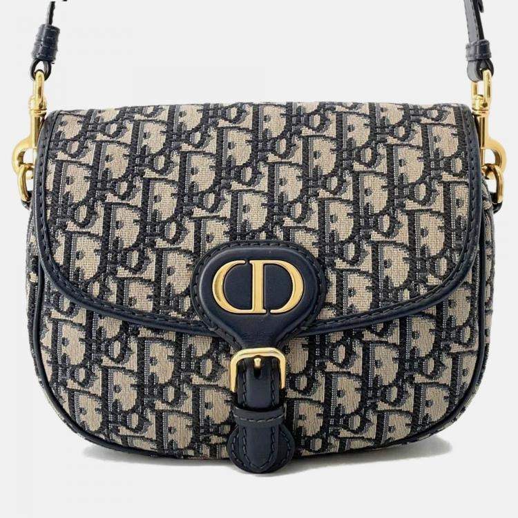 Pre Owned Dior Oblique Bobby Shoulder Bag Navy Canvas Leather