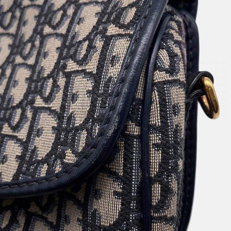 Pre Owned Dior Oblique Bobby Shoulder Bag Navy Canvas Leather