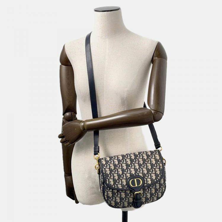 Pre Owned Dior Oblique Bobby Shoulder Bag Navy Canvas Leather