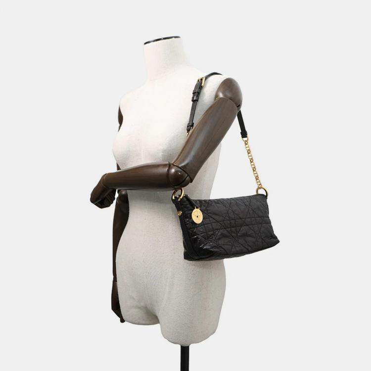 Pre Owned Dior Diorstar Hobo Bag Macrocannage Crinkled Black Calf Leather