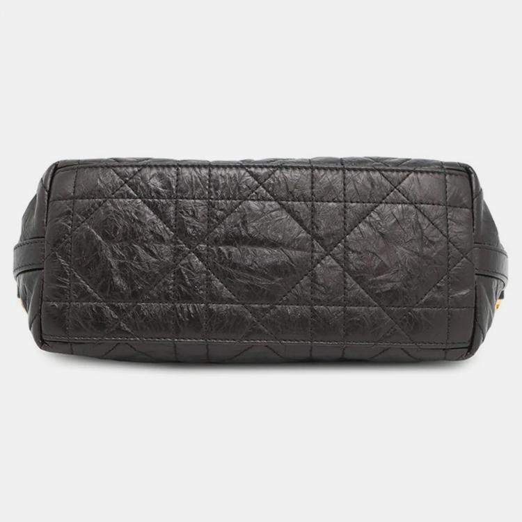 Pre Owned Dior Diorstar Hobo Bag Macrocannage Crinkled Black Calf Leather