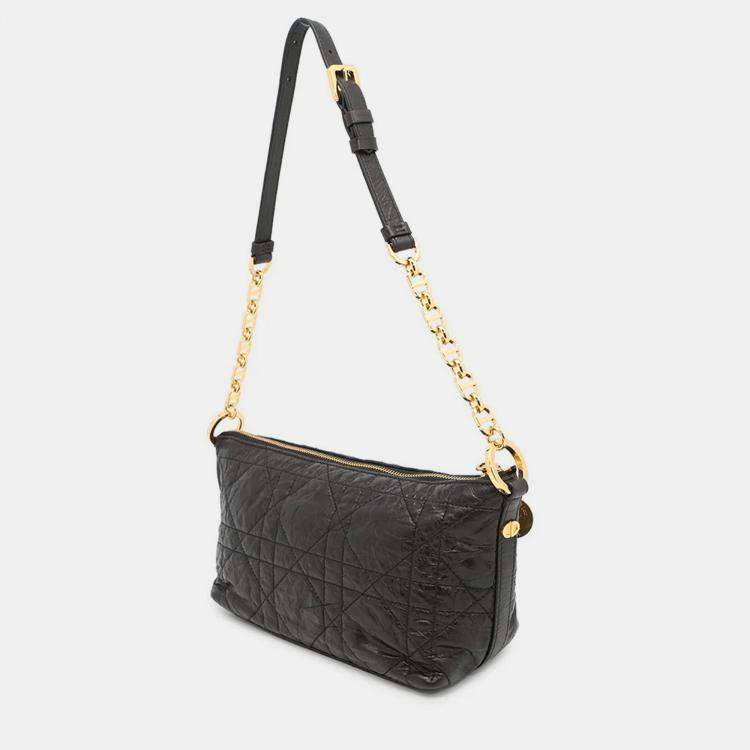 Pre Owned Dior Diorstar Hobo Bag Macrocannage Crinkled Black Calf Leather