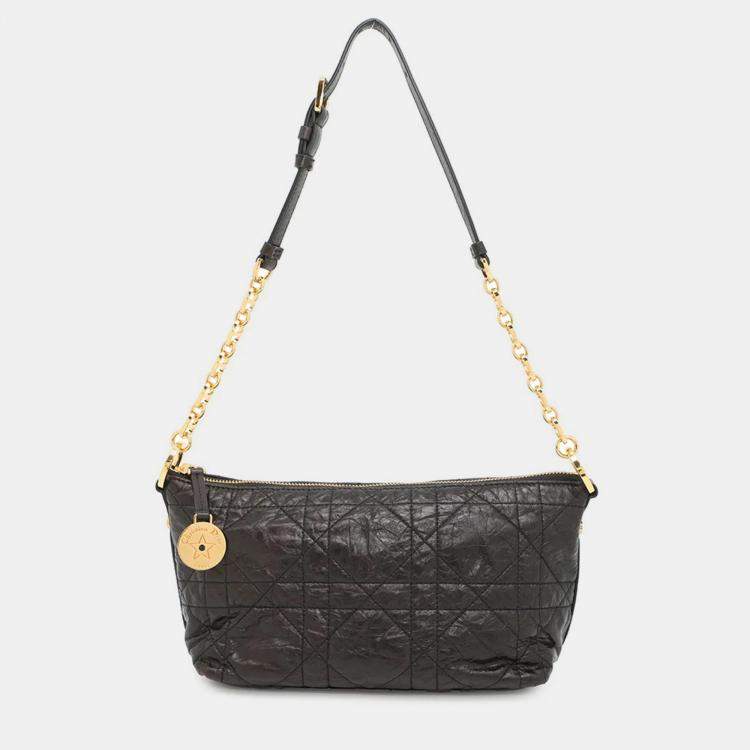 Pre Owned Dior Diorstar Hobo Bag Macrocannage Crinkled Black Calf Leather