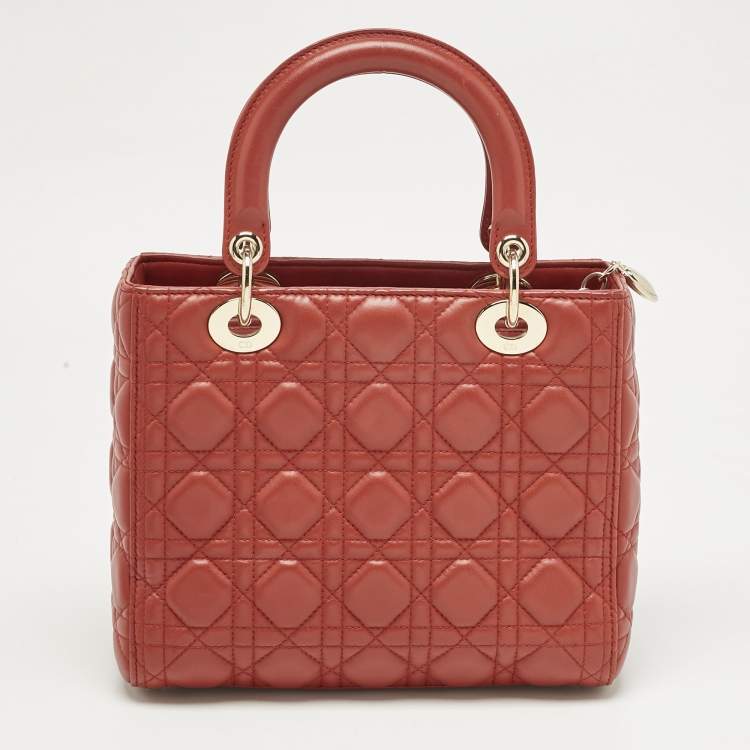 Pre Owned Dior Red Cannage Leather Medium Lady Dior Tote