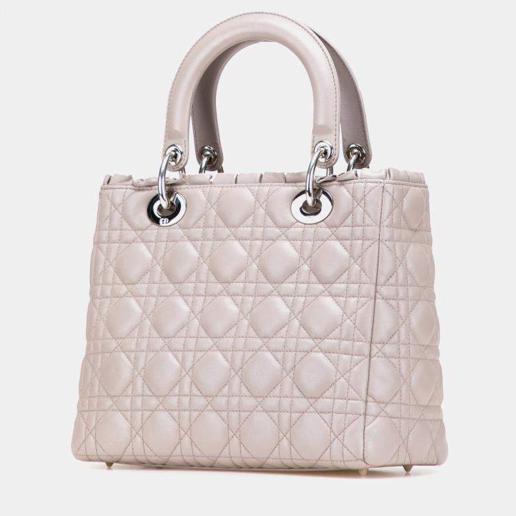 Pre Owned Dior Beige Medium Lambskin Cannage Ruffle Trim Lady Dior