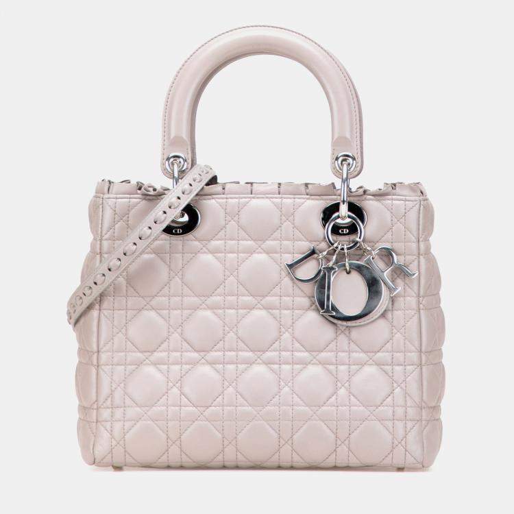 Pre Owned Dior Beige Medium Lambskin Cannage Ruffle Trim Lady Dior