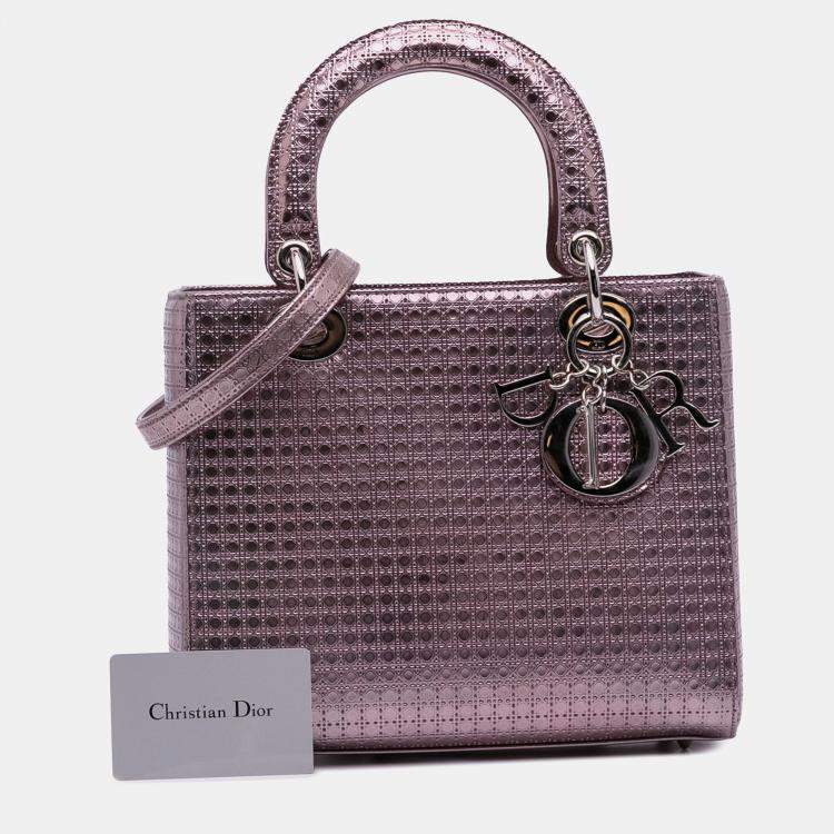 Pre Owned Dior Pink Medium Metallic Patent Microcannage Lady Dior