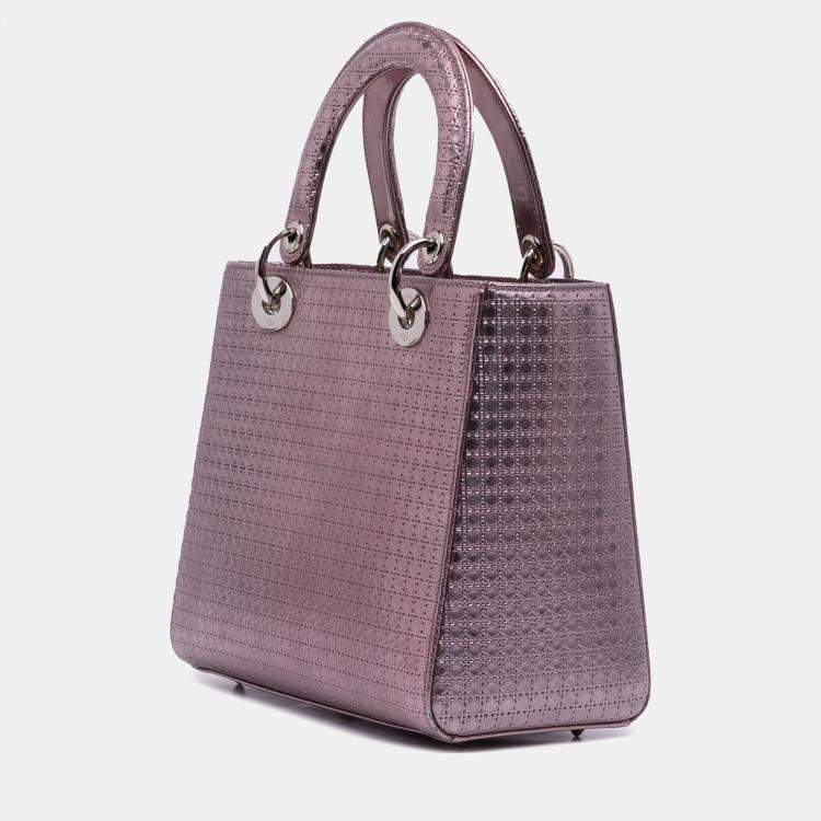 Pre Owned Dior Pink Medium Metallic Patent Microcannage Lady Dior