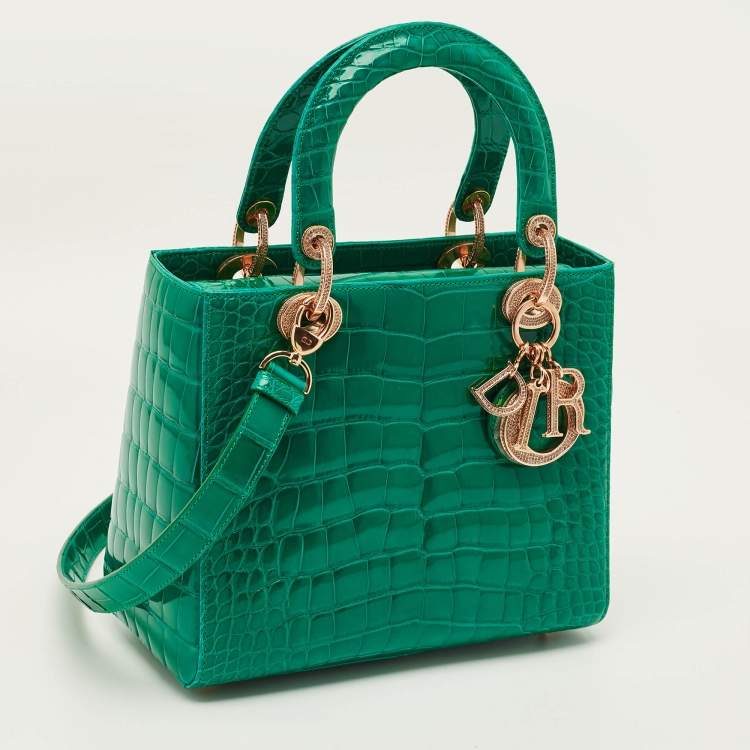 Pre Owned Dior Green Alligator Mississippiensis Medium Lady Dior Tote