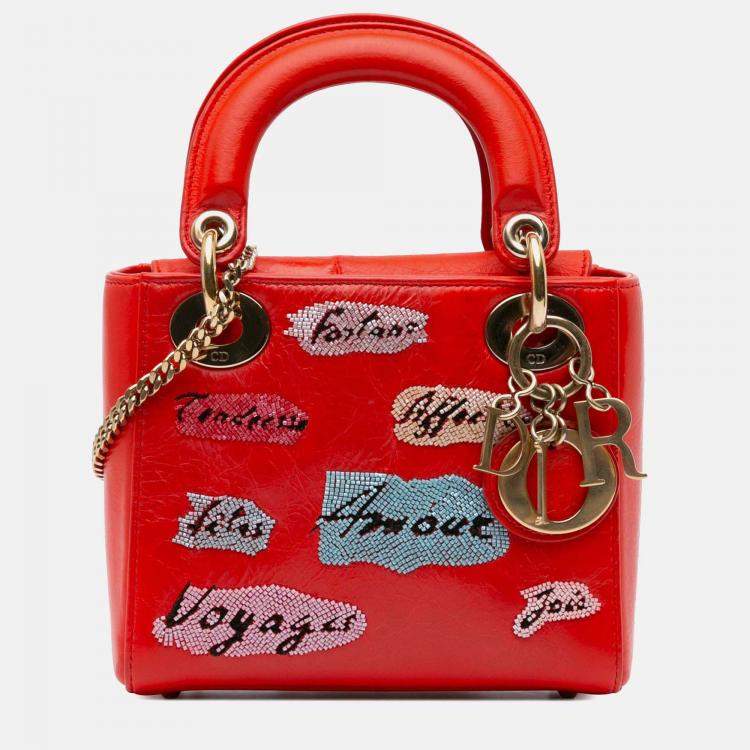 Pre Owned Dior Lady Dior Mini Calfskin Red Sequin Embellished Handbag