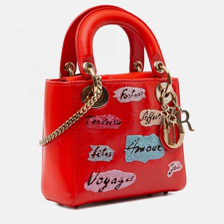 Pre Owned Dior Lady Dior Mini Calfskin Red Sequin Embellished Handbag