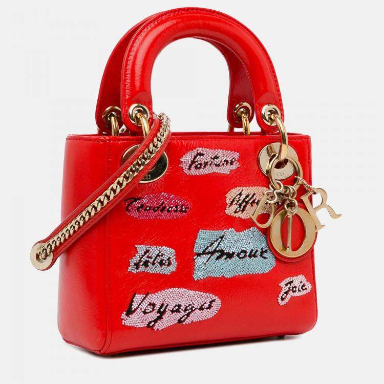 Pre Owned Dior Lady Dior Mini Red Calfskin Sequin Embellished Handbag