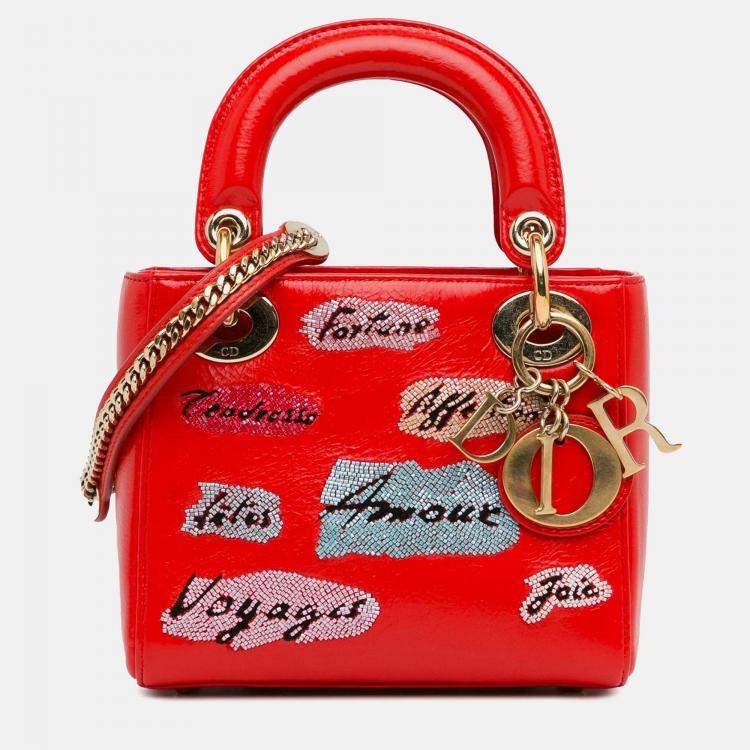 Pre Owned Dior Lady Dior Mini Red Calfskin Sequin Embellished Handbag