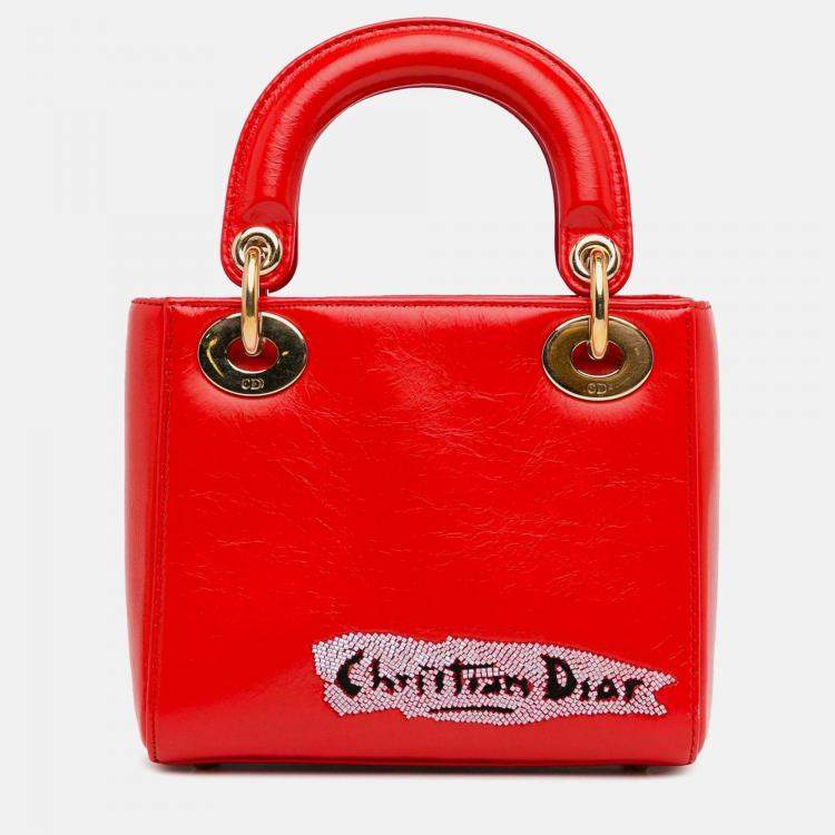Pre Owned Dior Lady Dior Mini Red Calfskin Sequin Embellished Handbag