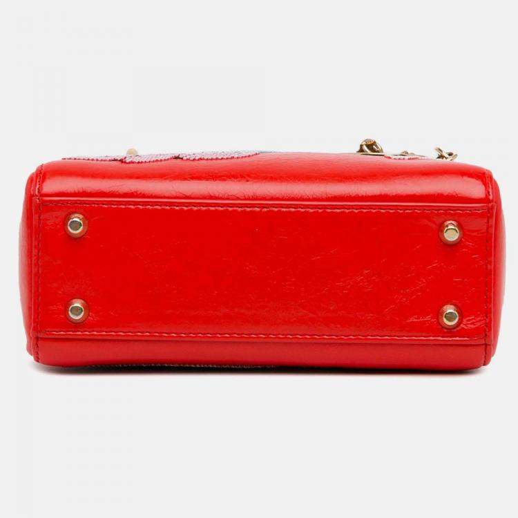 Pre Owned Dior Lady Dior Mini Red Calfskin Sequin Embellished Handbag