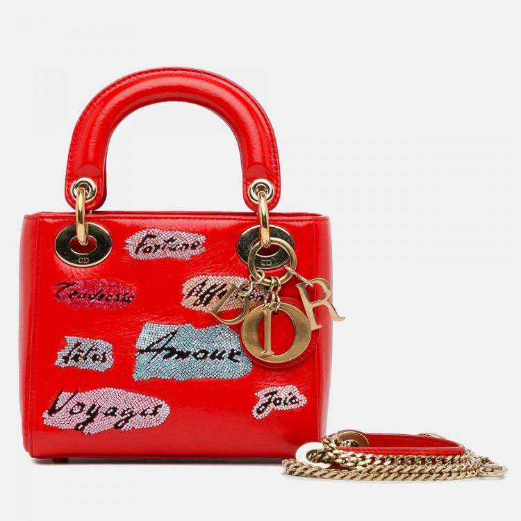 Pre Owned Dior Lady Dior Mini Red Calfskin Sequin Embellished Handbag
