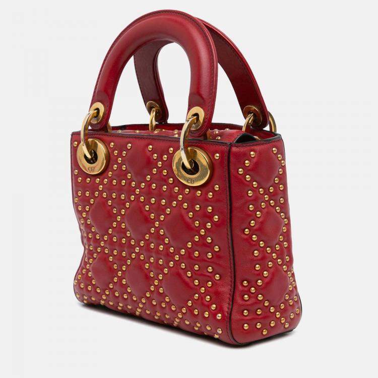 Pre Owned Dior Lady Dior Mini Red Lambskin Studded Handbag