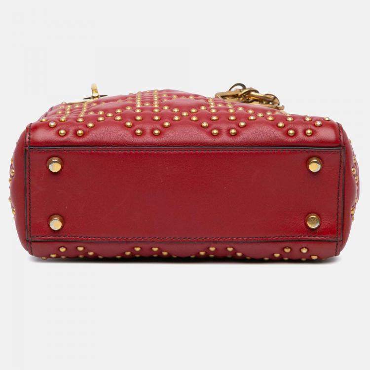 Pre Owned Dior Lady Dior Mini Red Lambskin Studded Handbag