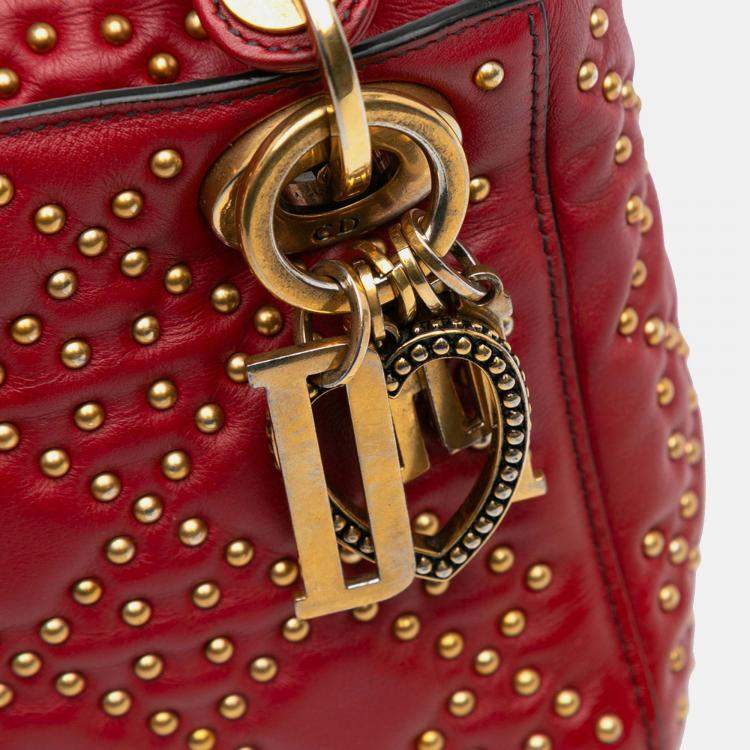 Pre Owned Dior Lady Dior Mini Red Lambskin Studded Handbag