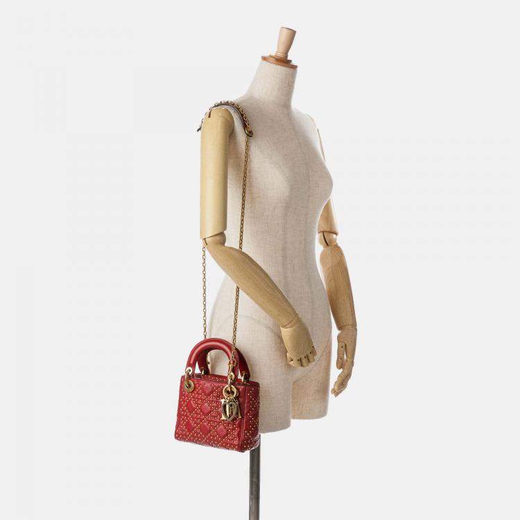 Pre Owned Dior Lady Dior Mini Red Lambskin Studded Handbag