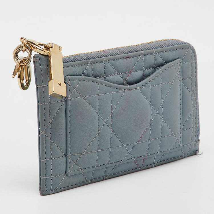 Pre Owned Dior Pale Blue Cannage Leather Cosmos Zip Card Holder