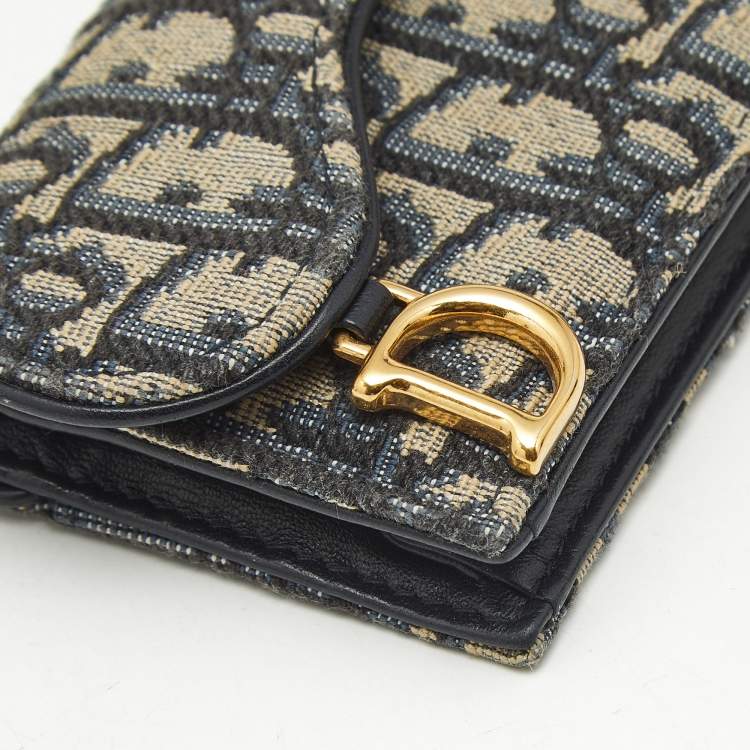 Pre Owned Dior Navy Blue Oblique Canvas Saddle 5 Gusset Card Holder
