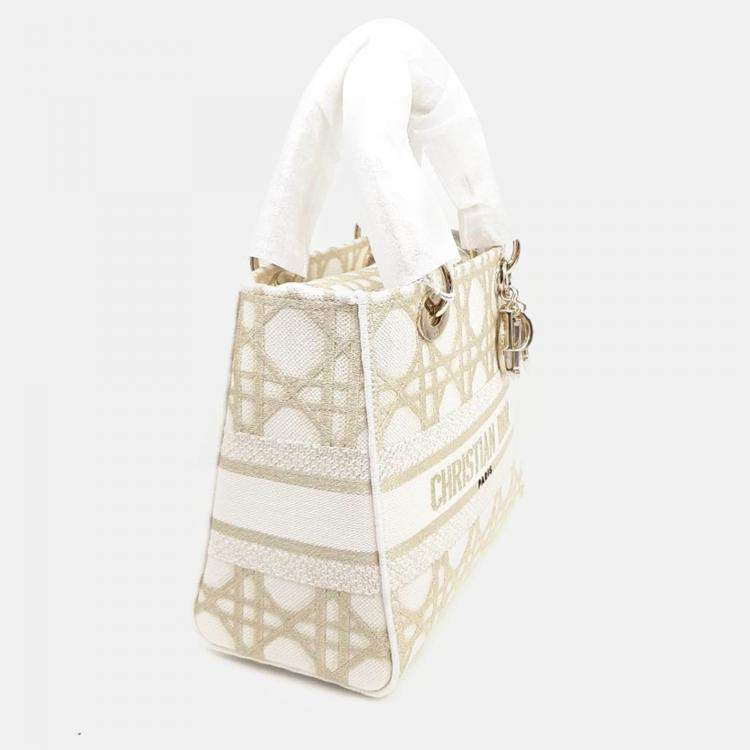 Pre Owned Dior Gold/White Fabric Medium D-LITE Lady Bag 