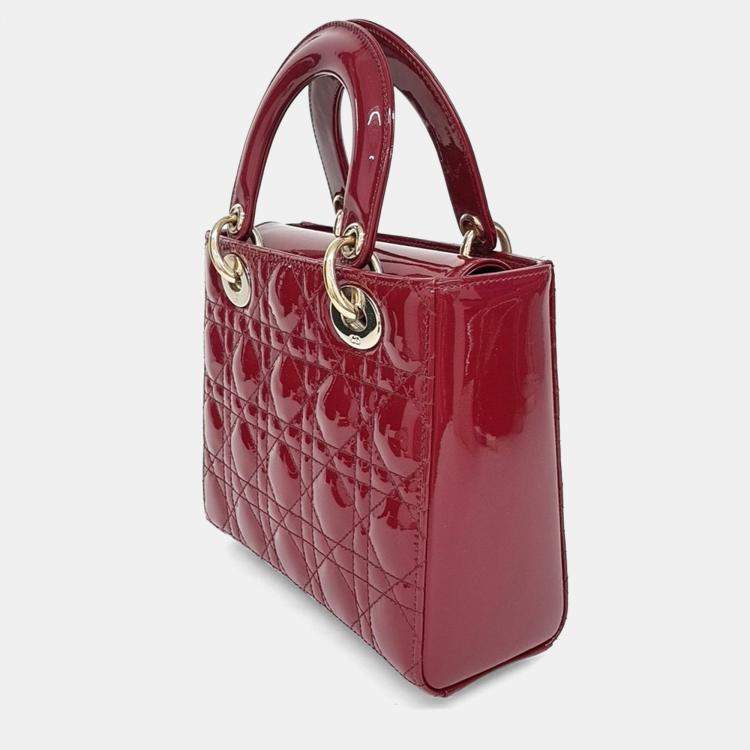 Pre Owned Dior Red Patent Leather Patent Cannage Lady Bag Small