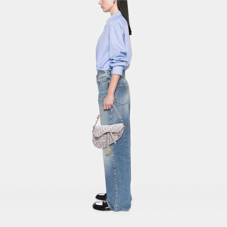 Pre Owned Dior Grey Oblique Canvas Embroidered Saddle Bag