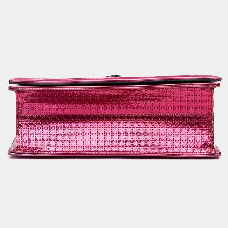 Pre Owned Dior Pink Medium Metallic Patent Microcannage Diorama Flap
