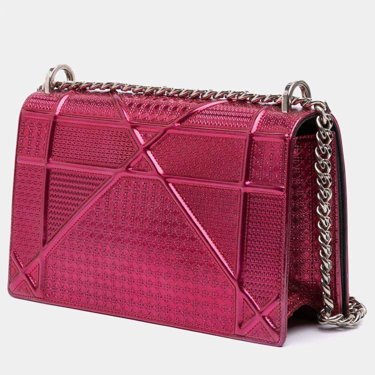 Pre Owned Dior Pink Medium Metallic Patent Microcannage Diorama Flap