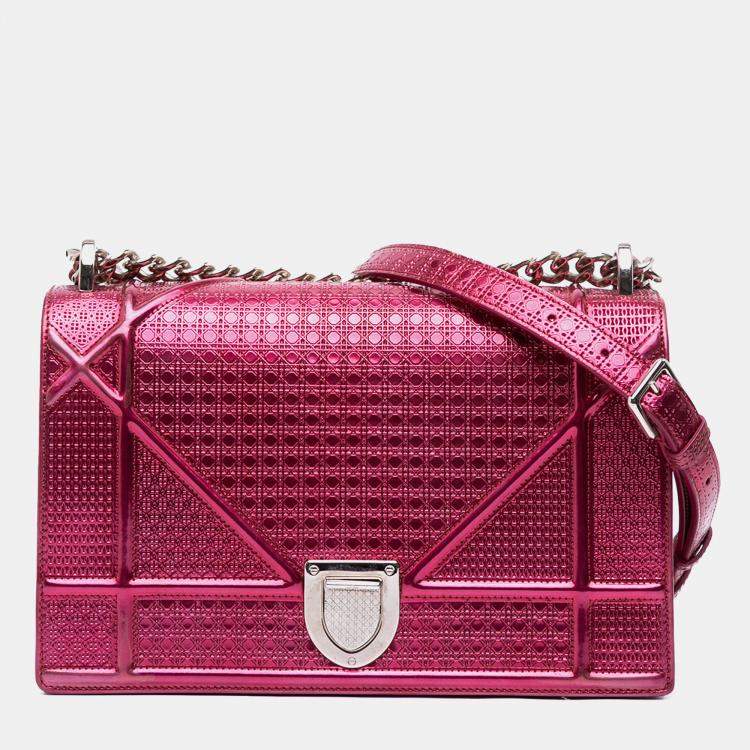 Pre Owned Dior Pink Medium Metallic Patent Microcannage Diorama Flap