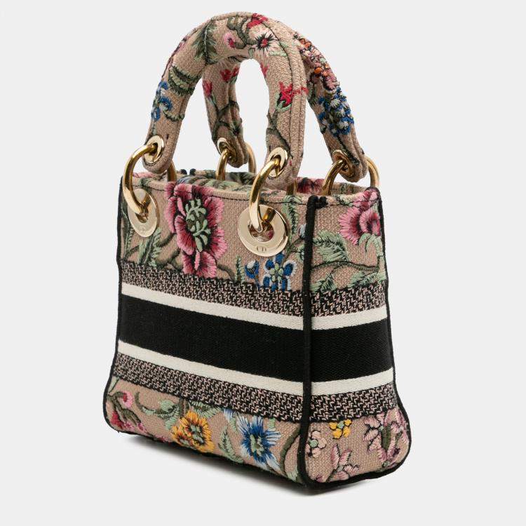 Pre Owned Dior Beige Brown Mini Embroidered Canvas Mille Fleurs Lady D Lite
