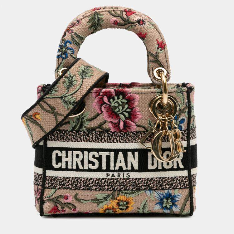 Pre Owned Dior Beige Brown Mini Embroidered Canvas Mille Fleurs Lady D Lite