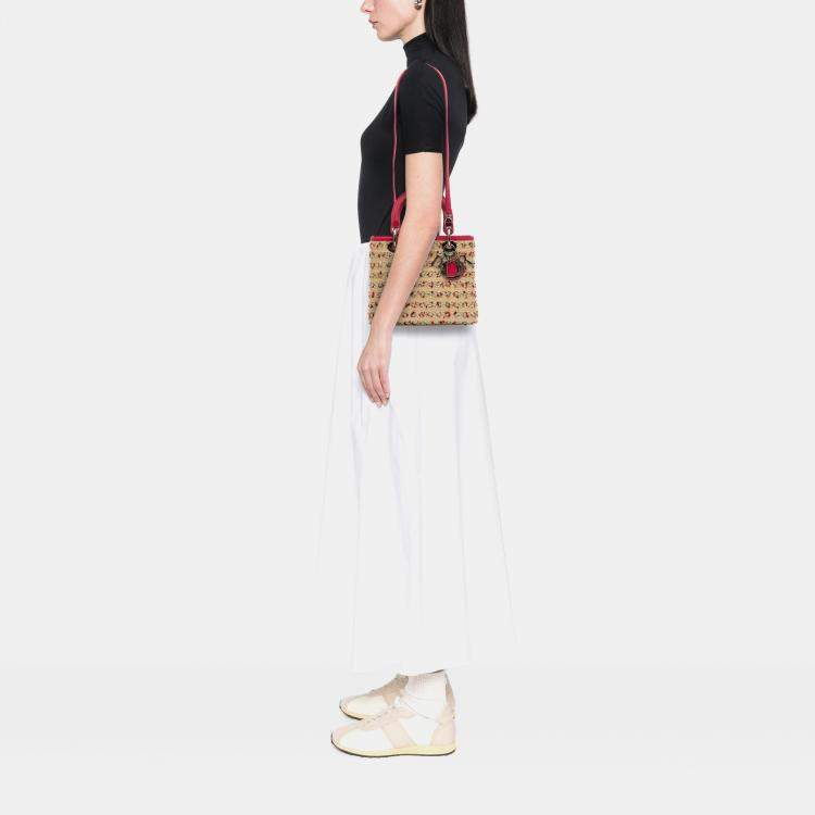Pre Owned Dior Beige/Pink Medium Woven Raffia Lady Dior