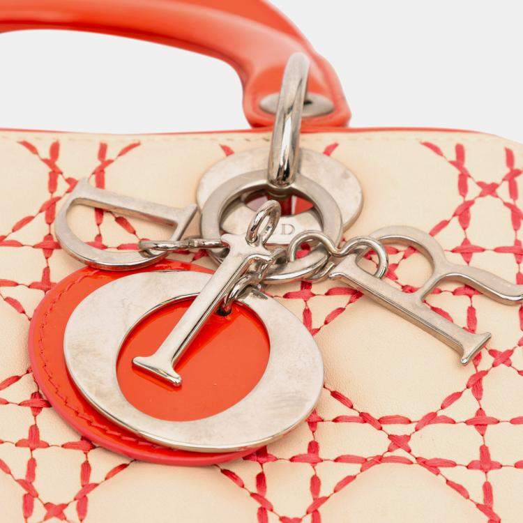 Pre Owned Dior Beige/Orange Medium Lambskin Cannage Stitched Lady Dior